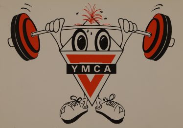 Black and red cartoon drawing of a YMCA logo weightlifting | © Reproduced by kind permission of Cadbury Research Library, University of Birmingham